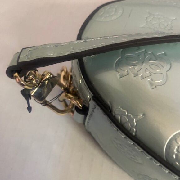 GUESS Arnela Debossed Logo Mini Heart Crossbody Bag in light Blue Leather (NEW) - Picture 5 of 6